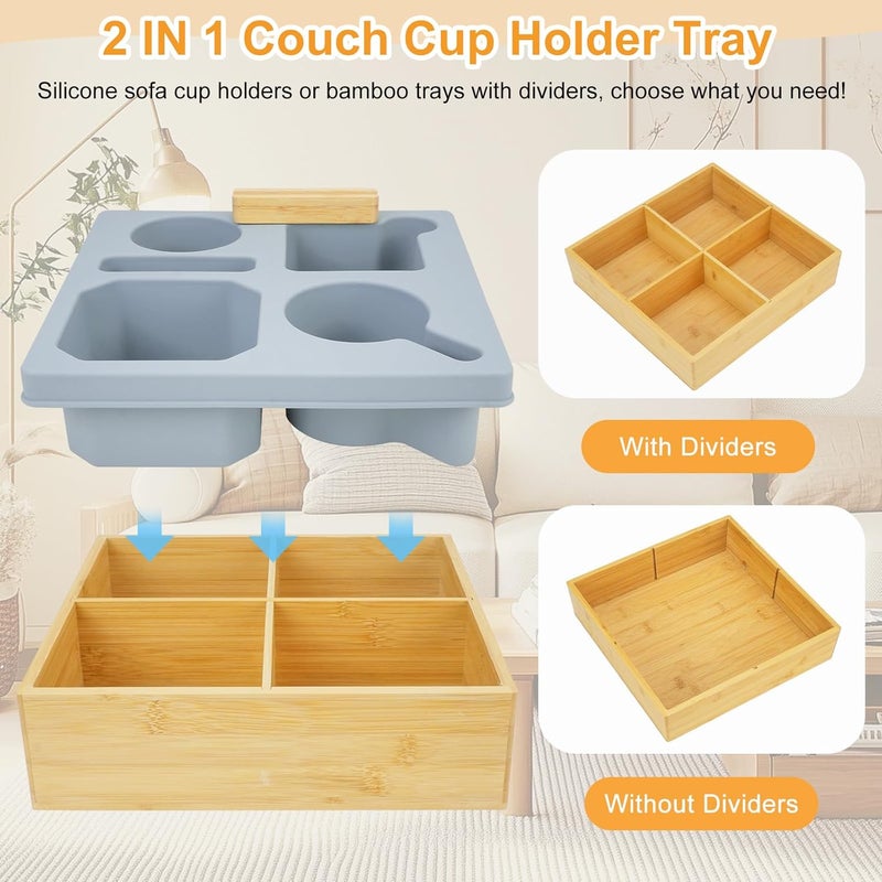 IUMLXJO 2 in 1 Couch Cup Holder Tray, Bamboo Silicone Couch Caddy Tray with Cup Holder & Phone Stand, Waterproof Anti-Spill Sofa Bed Organizer Box for Drinks, Snacks, Remote Mobile, Car Seat, RV - Image 2